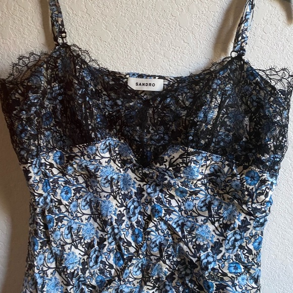 Sandro Floral print satin-twill corded lace trim adjustable straps camisole Sz 8 - Picture 5 of 14